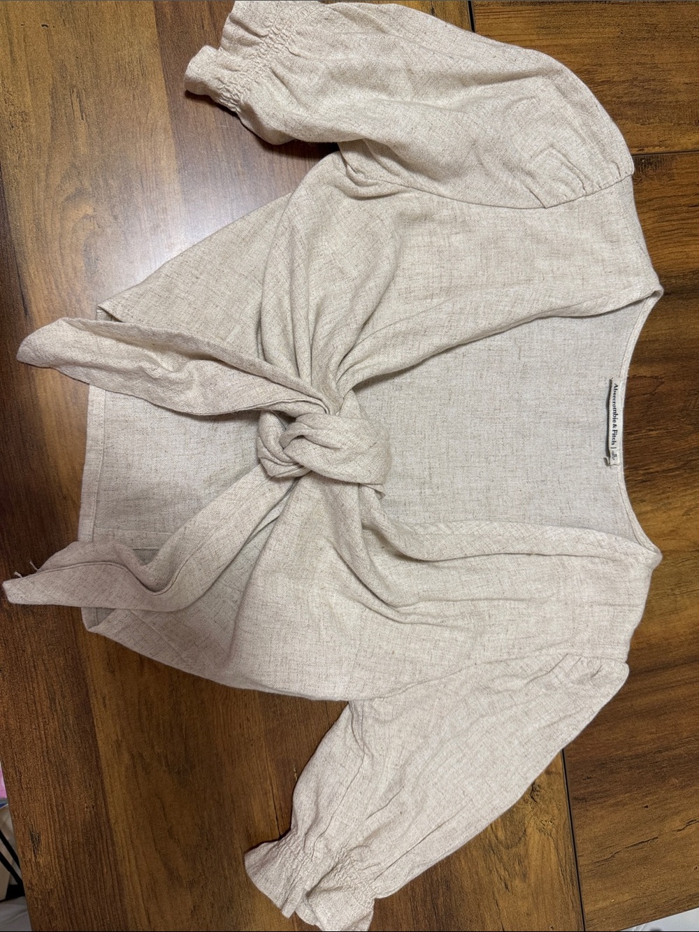 Abercrombie size small Light Taupe Tie-Front Puff Sleeve Top -